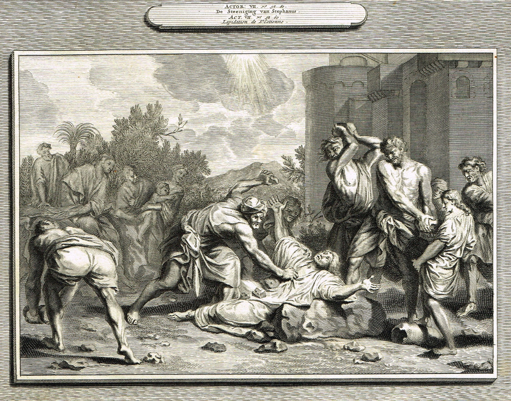 Antique Bible Print by Mortier - "STONING OF ST. STEPHEN"  - Copper Engraving - 1700