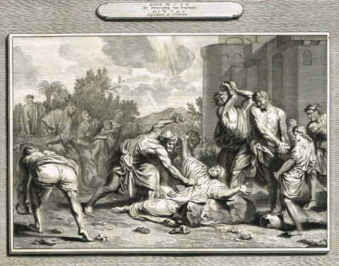 Antique Bible Print by Mortier - "STONING OF ST. STEPHEN"  - Copper Engraving - 1700