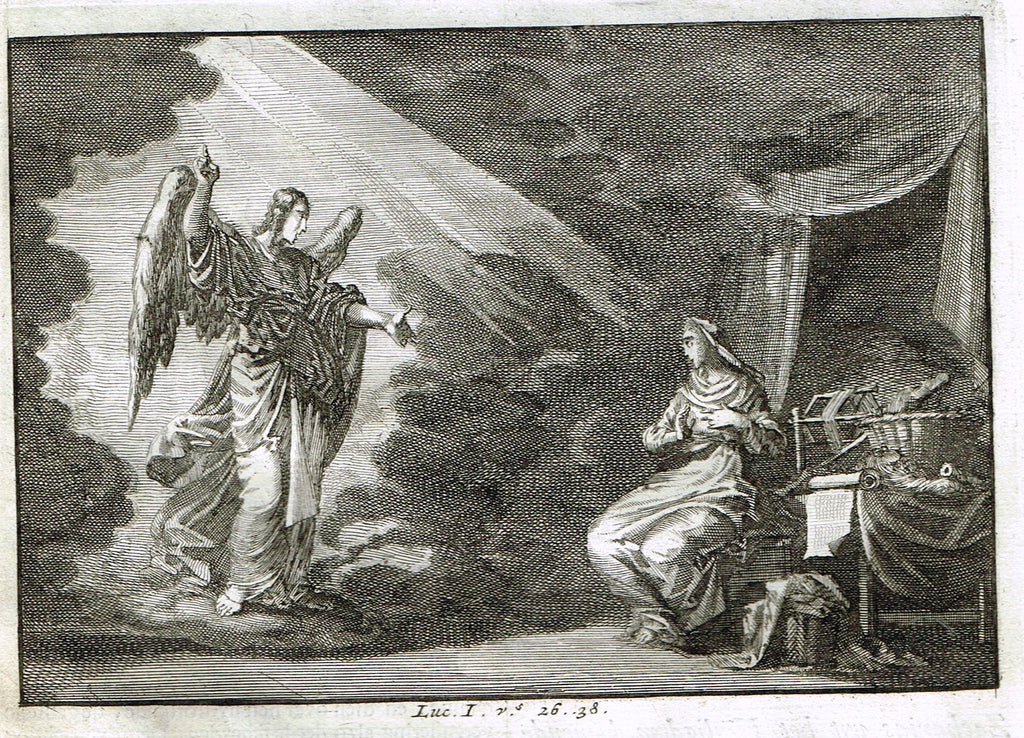 Luyken Bible Print - "GABRIEL'S MESSAGE TO MARIA - LUKE I" - Copper Engraving - 1700
