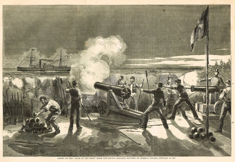 Harper's History - FIRING ON 'THE STAR OF THE WEST' FROM MORRIS'S ISLAND"-  Engraving - 1866