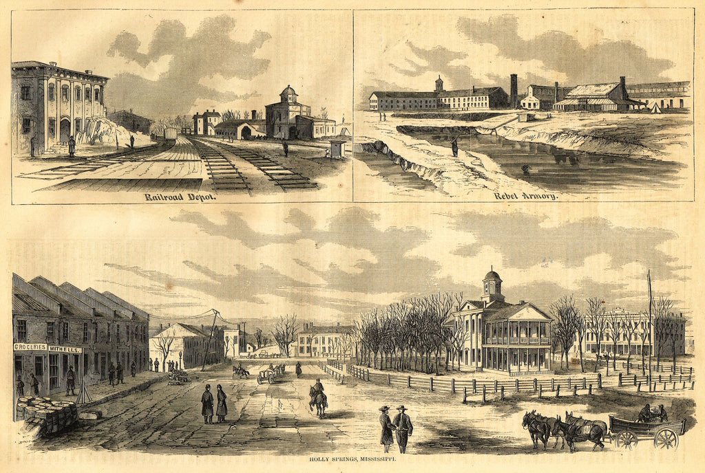 Harper's Pictorial History - "HOLLY SPRINGS, MISSISSIPPI & REBEL ARMORY" -  Large Engraving - 1866