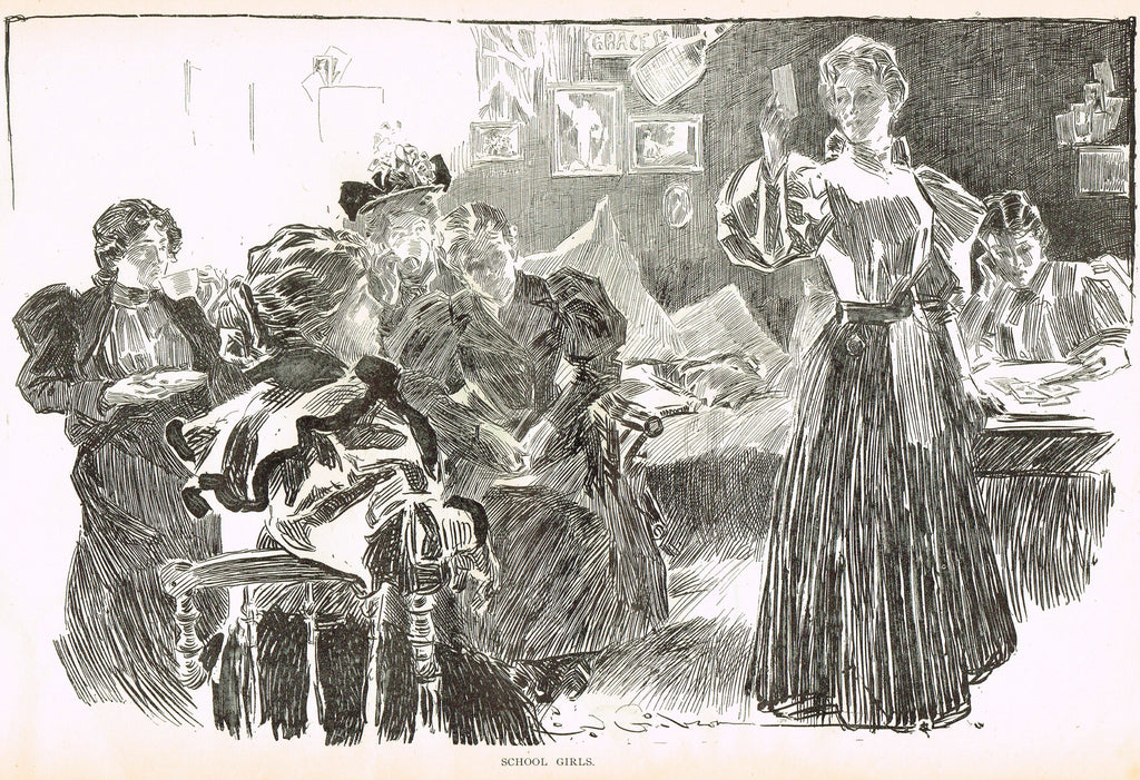 Gibson Girl Sketch - "SCHOOL GIRLS" - Lithograph Sketch - 1907