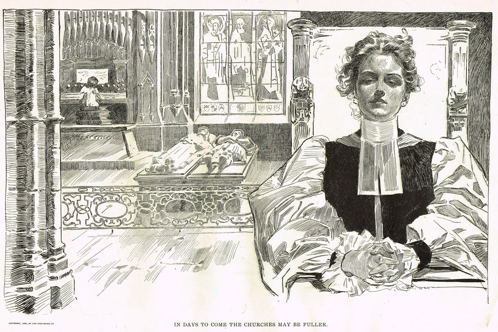 Gibson Girl Sketch - "IN DAYS TO COME, THE CHURCHES MAY BE FULLER" - Lithograph Sketch - 1907