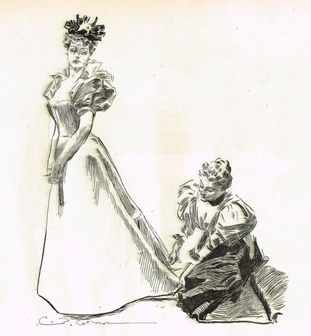 Gibson Girl Sketch - "HEMMING THE DRESS" - Lithograph Sketch - 1907