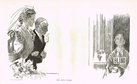 Gibson Girl Sketch - "TWO BLIND WOMEN" - Lithograph Sketch - 1907