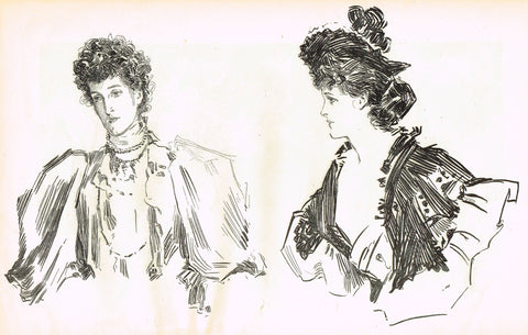 Gibson Girl Sketch - "WOMAN STARRING AT OTHER WOMAN" - Lithograph Sketch - 1907