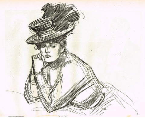 Gibson Girl Sketch - "A STUDY" - Lithograph Sketch - 1907