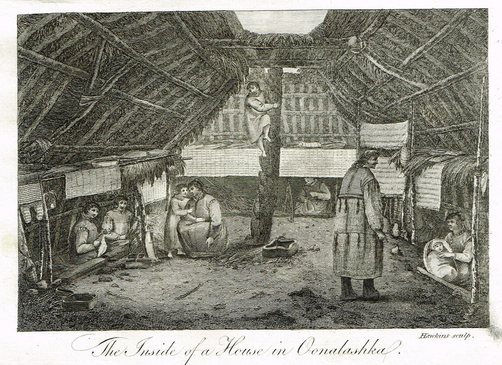Bankes's Geography - "THE INSIDE OF A HOUSE IN OONALASHKA" - Copper Engraving - 1771