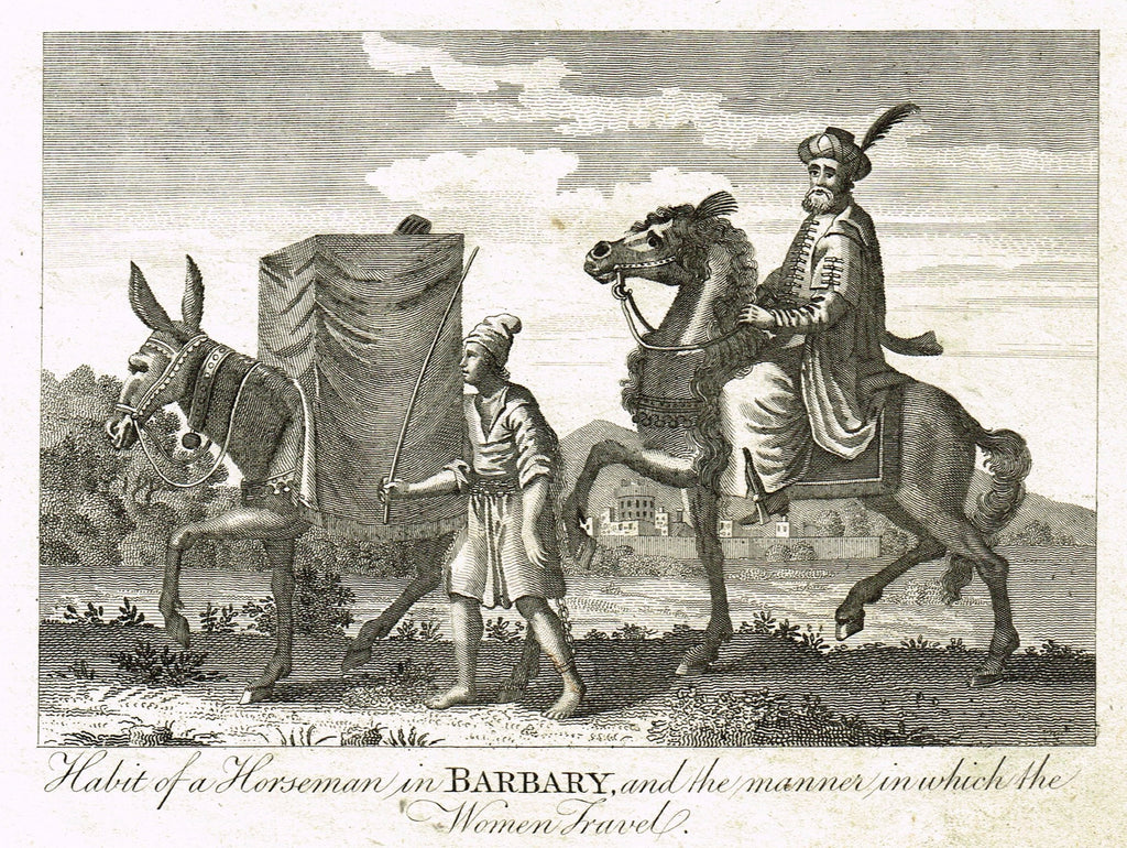 Bankes's Geography - HABIT OF HORSEMAN IN BARBARY & HOW THE WOMEN TRAVEL" -  Engraving - 1771