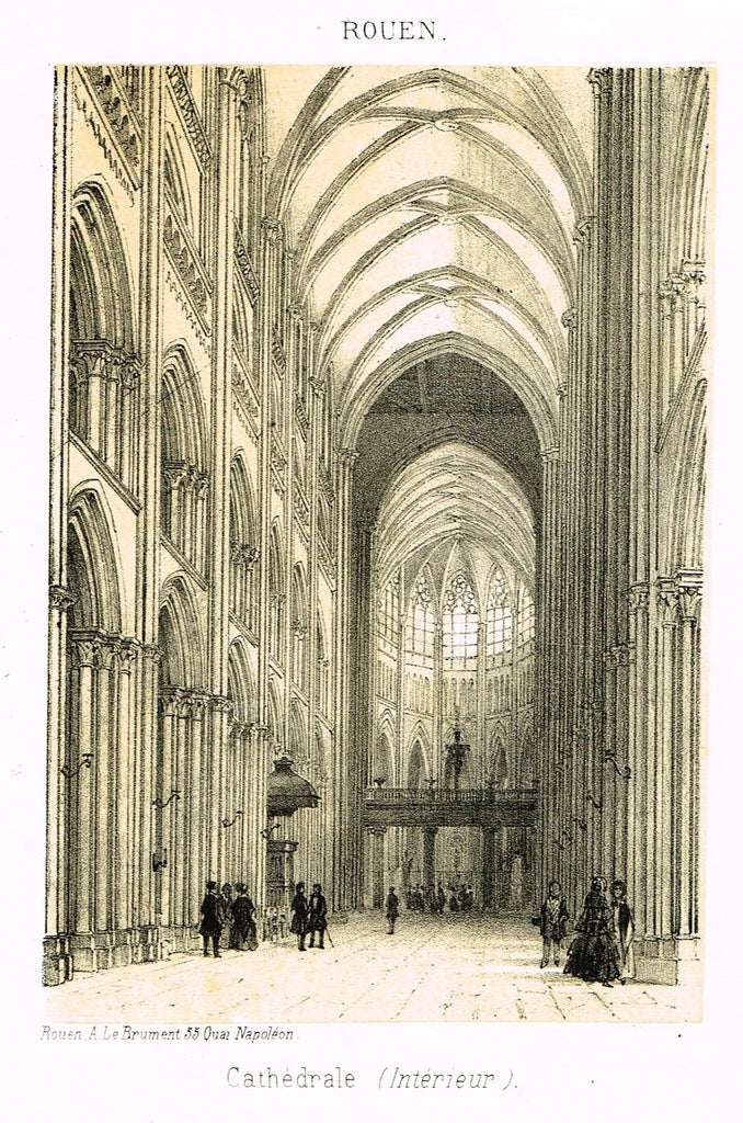 Cathedrals in Rouen, France - "CATHEDRALE (INTERIEUR)" - Tinted Engraving - c1860