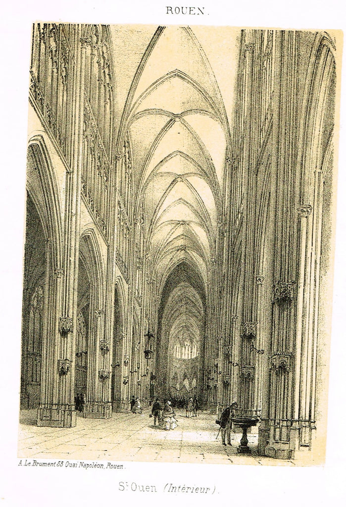 Cathedrals in Rouen, France - "AT. OUEN (INTERIEUR)" - Tinted Engraving - c1860