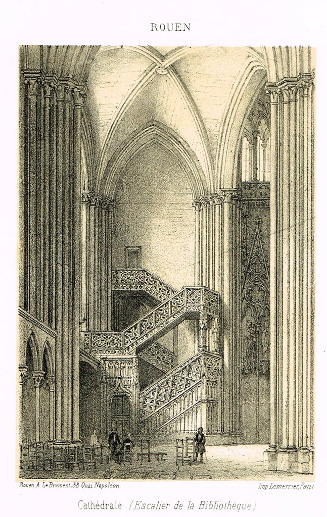Cathedrals in Rouen, France - "CATHEDRALE (ESCALIER DE LA BIBLIOTHEQUE)" - Tinted Engraving - c1860
