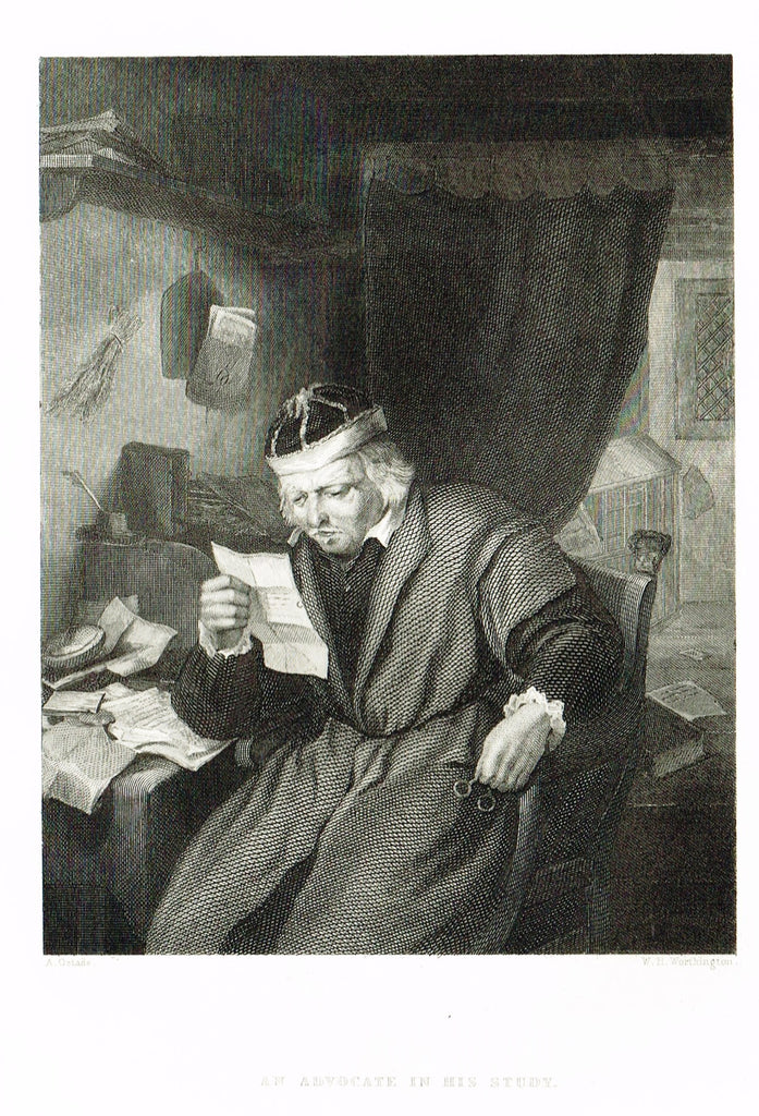 Fine Art - Genre - "AN ADVOCATE IN HIS STUDY" by Worthington - Steel Engraving - c1840