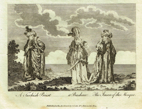 Bankes's Geography - "TURKISH DRESSES,  A TURKISH PRIEST" - Copper Engraving - 1771