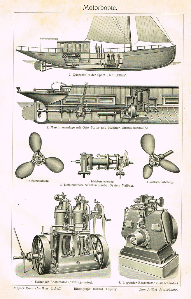 Marine Print - Meyers Lexicon's  "MOTORBOOTE (MOTORYACHT)" - Lithograph - 1913