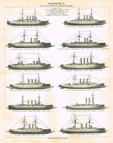 Marine Print - Meyers Lexicon's  "PANZER BOATS (PANZERSCHIFFE II" - Lithograph - 1913