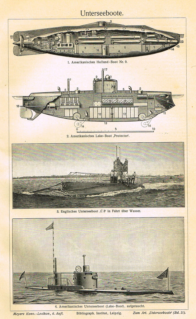 Marine Print - Meyers Lexicon's  "SUBMARINE (UNTERSEEBOOTE)" - Lithograph - 1913