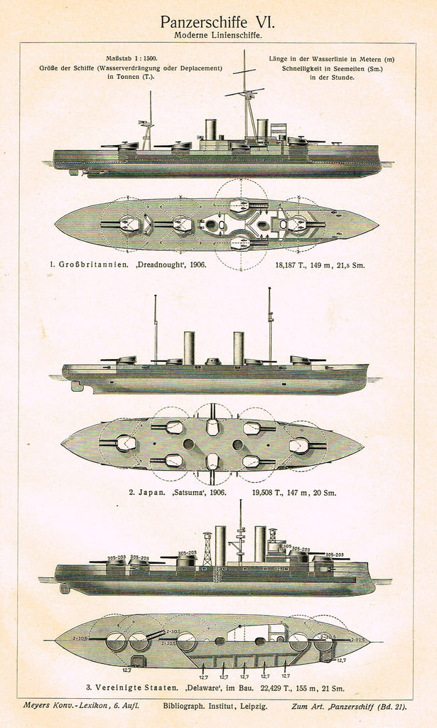 Marine Print - Meyers Lexicon's  "PANZER CLASS (PANZERSCHIFFE VI)" - Lithograph - 1913