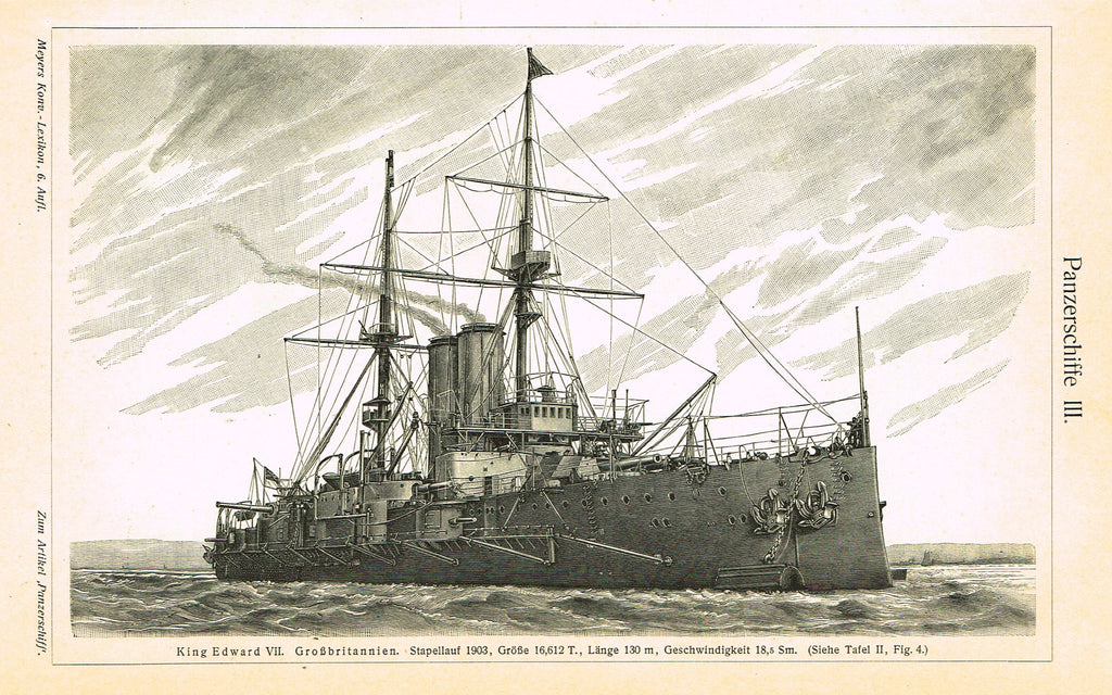 Marine Print - Meyers Lexicon's  "KING EDWARD VII (PANZERSCHIFFE)" - Lithograph - 1913