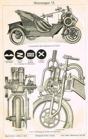 Myers Lexicon Print - "MOTORWAGEN VI (MOTORCYCLE)" - Lithograph - 1913
