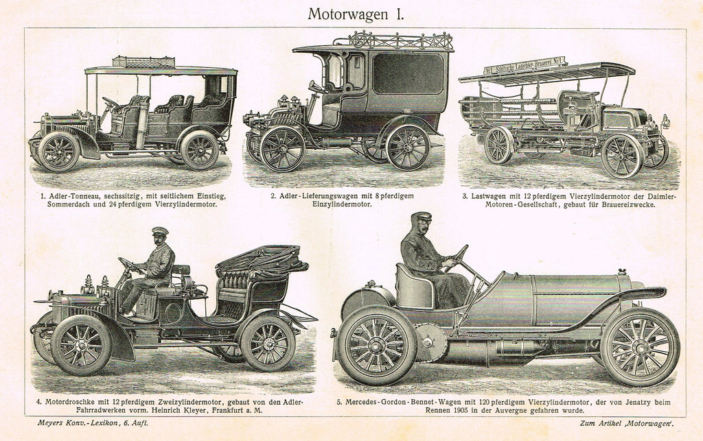 Myers Lexicon Print - "MOTORWAGEN I (AUTOMOBILE)" - Lithograph - 1913