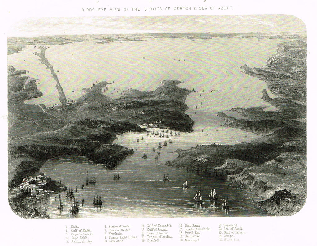 Military Print - "BIRDS-EYE VIEW OF THE STERAITS OF KERTCH & SEA OF AZOFF" - Steel Engraving - c1870