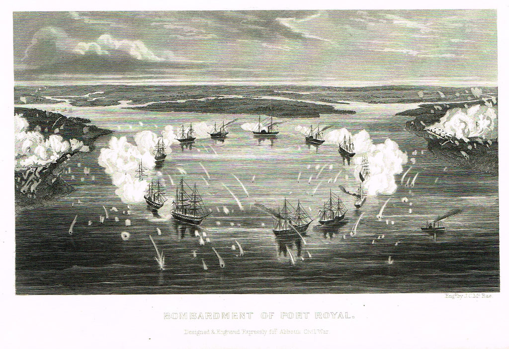 Military Print - "BOMBARDMENT OF PORT ROYAL" - Steel Engraving - c1870