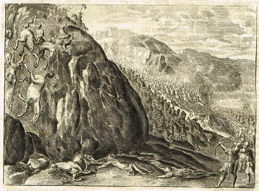 Merian Bible Print - "SOLDIERS FALLING OFF CLIFF" - Copper Engraving - 1683