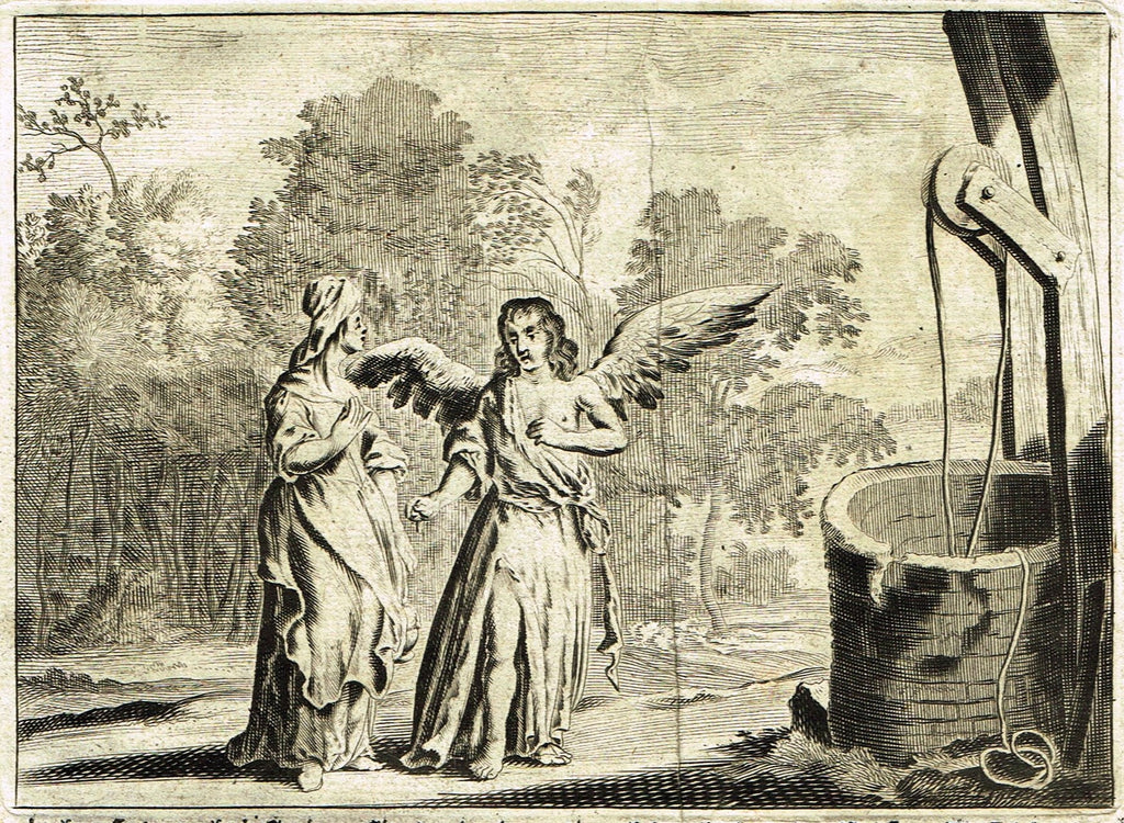 Merian Bible Print - "ANGEL MEETS WOMAN AT THE WELL" - Copper Engraving - 1683