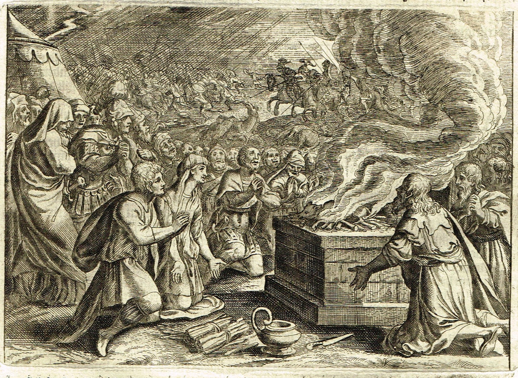 Merian Bible Print - "SAMUEL BURNING THE SACRIFICE" - Copper Engraving - 1683