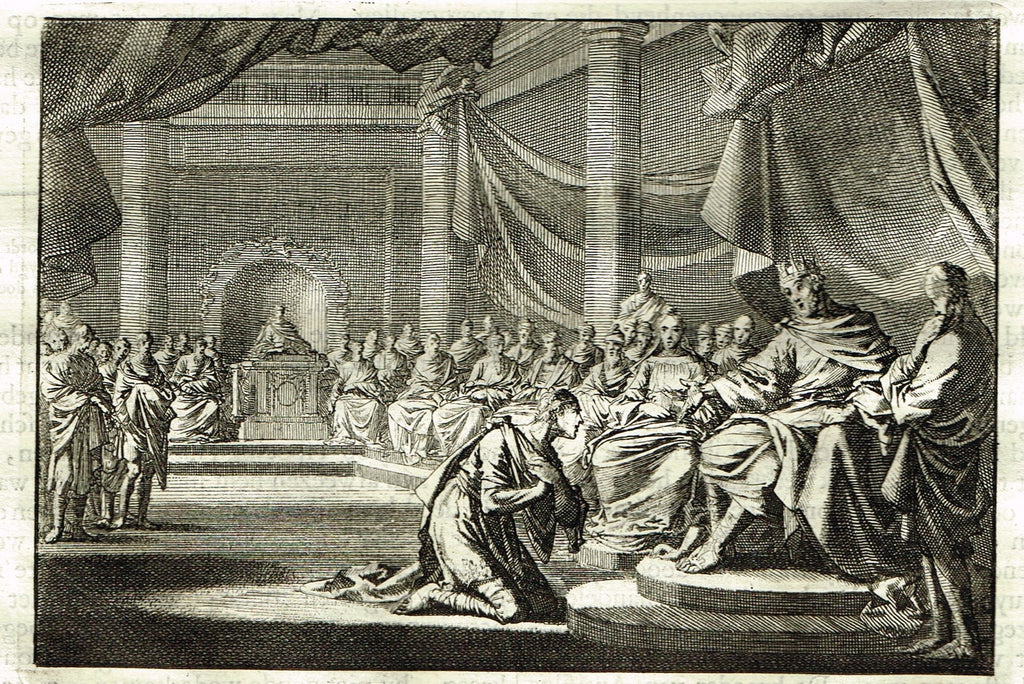 Luyken Bible Print - "PLEADING TO KING HEROD" - Copper Engraving - 1700