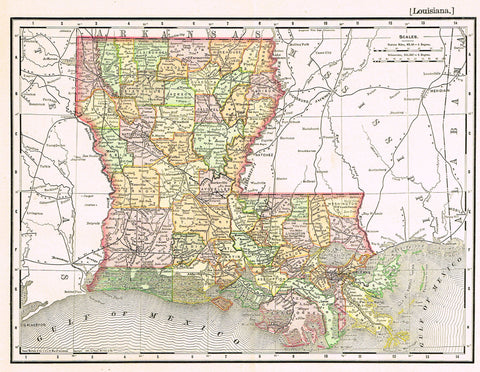 Rand-McNally's Atlas Map - "LOUISIANA" - Chromo Lithogrpah - 1895