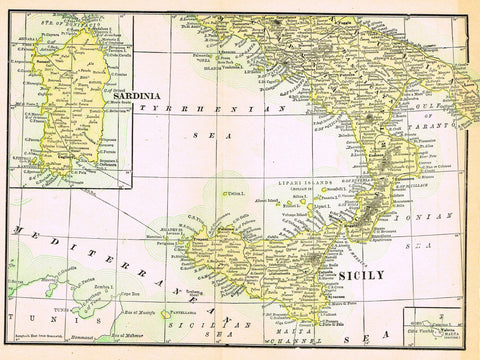 Rand-McNally's Atlas Map - "SARDINIA & SICILY" - Chromo Lithogrpah - 1895