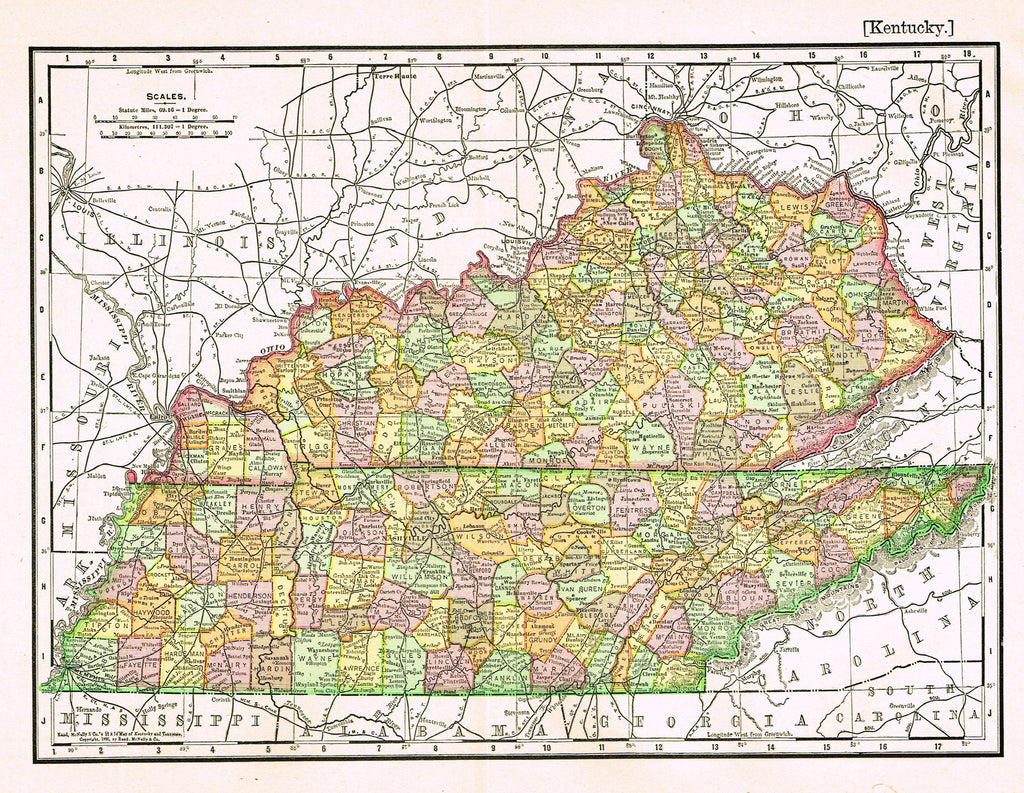 Rand-McNally's Atlas Map - "KENTUCKY" - Chromo Lithograph - 1895