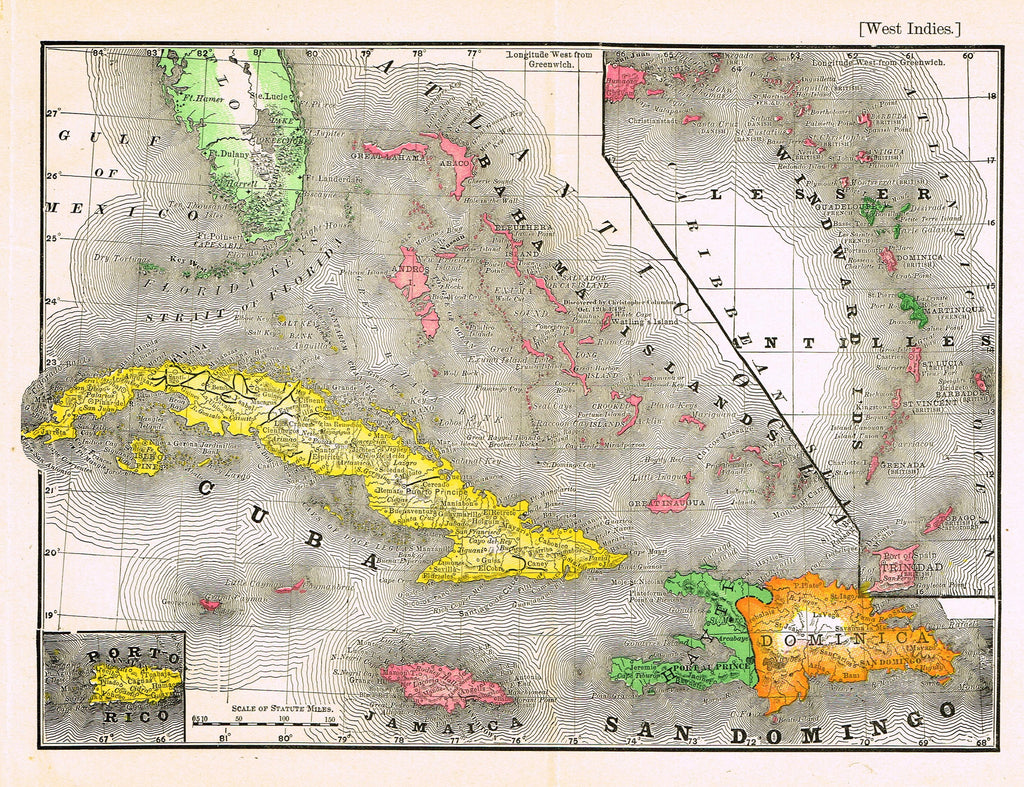 Rand-McNally's Atlas Map - "WEST INDIES" - Chromo Lithograph - 1895