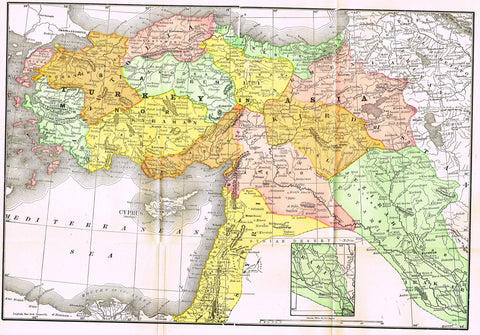 Rand-McNally's Atlas Map - "TURKEY IN ASIA" - Chromo Lithograph - 1895