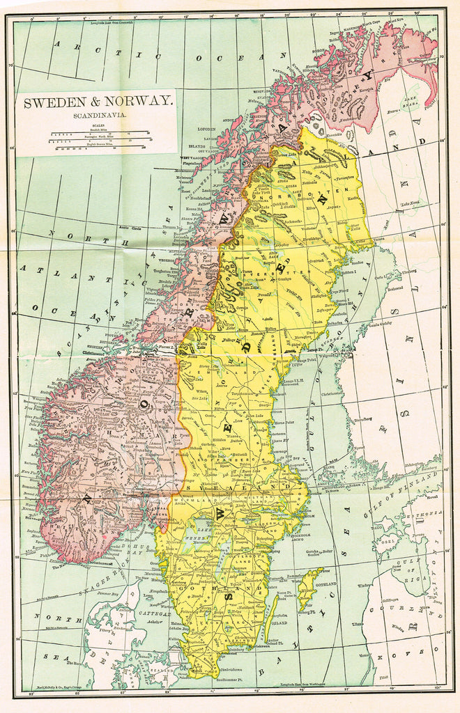 Rand-McNally's Atlas Map - "SWEDEN & NORWAY" - Chromo Lithograph - 1895
