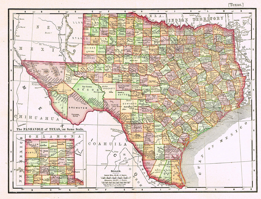 Rand-McNally's Atlas Map - "TEXAS" - Chromo Lithograph - 1895