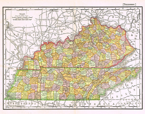 Rand-McNally's Atlas Map - "TENNESSEE" - Chromo Lithograph - 1895
