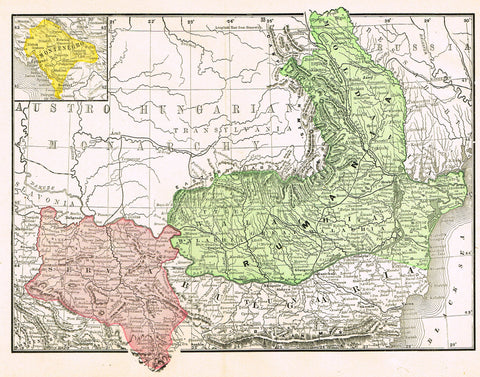 Rand-McNally's Atlas Map - "RUMANIA" - Chromo Lithograph - 1895