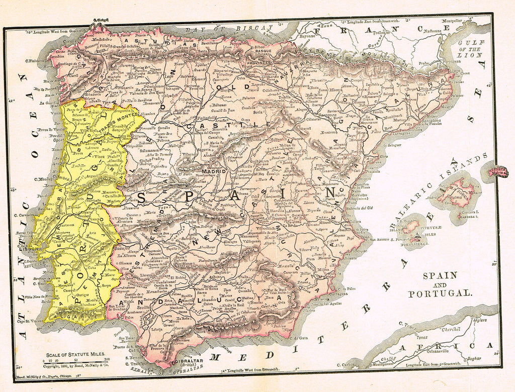 Rand-McNally's Atlas Map - "SPAIN" - Chromo Lithograph - 1895