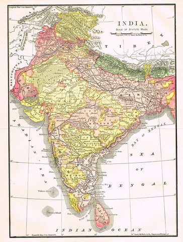 Rand-McNally's Atlas Map - "INDIA" - Chromo Lithograph - 1895