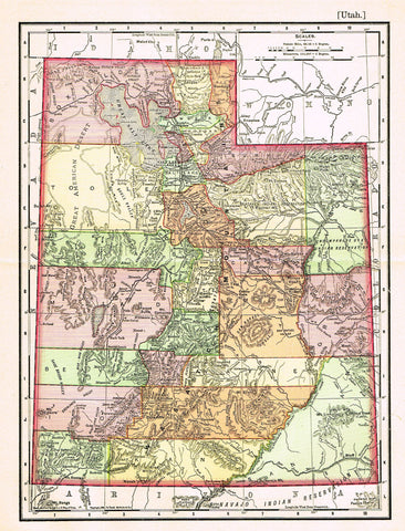 Rand-McNally's Atlas Map - "UTAH" - Chromo Lithograph - 1895