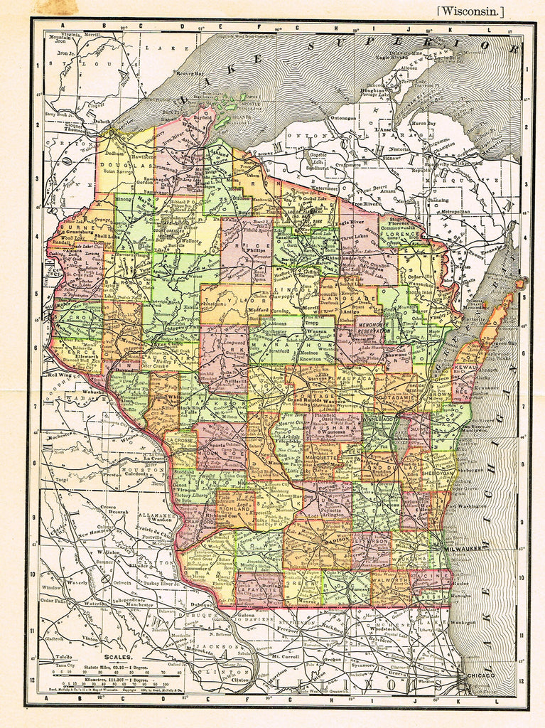 Rand-McNally's Atlas Map - "WISCONSIN" - Chromo Lithograph - 1895
