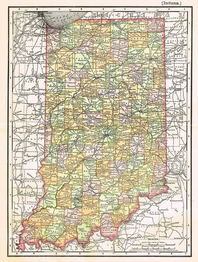 Rand-McNally's Atlas Map - "INDIANA" - Chromo Lithograph - 1895