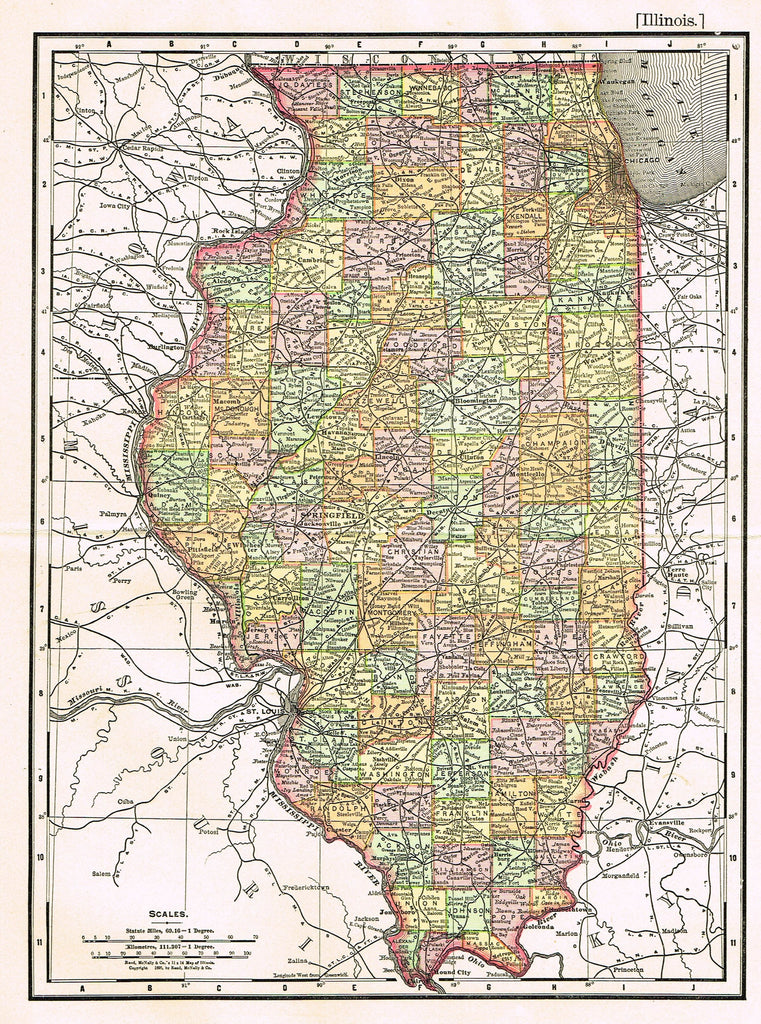Rand-McNally's Atlas Map - "ILLINOIS" - Chromo Lithograph - 1895