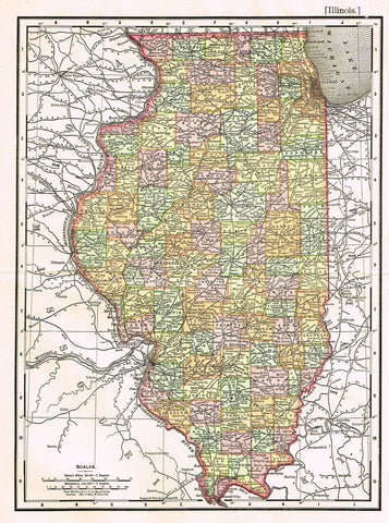 Rand-McNally's Atlas Map - "ILLINOIS" - Chromo Lithograph - 1895