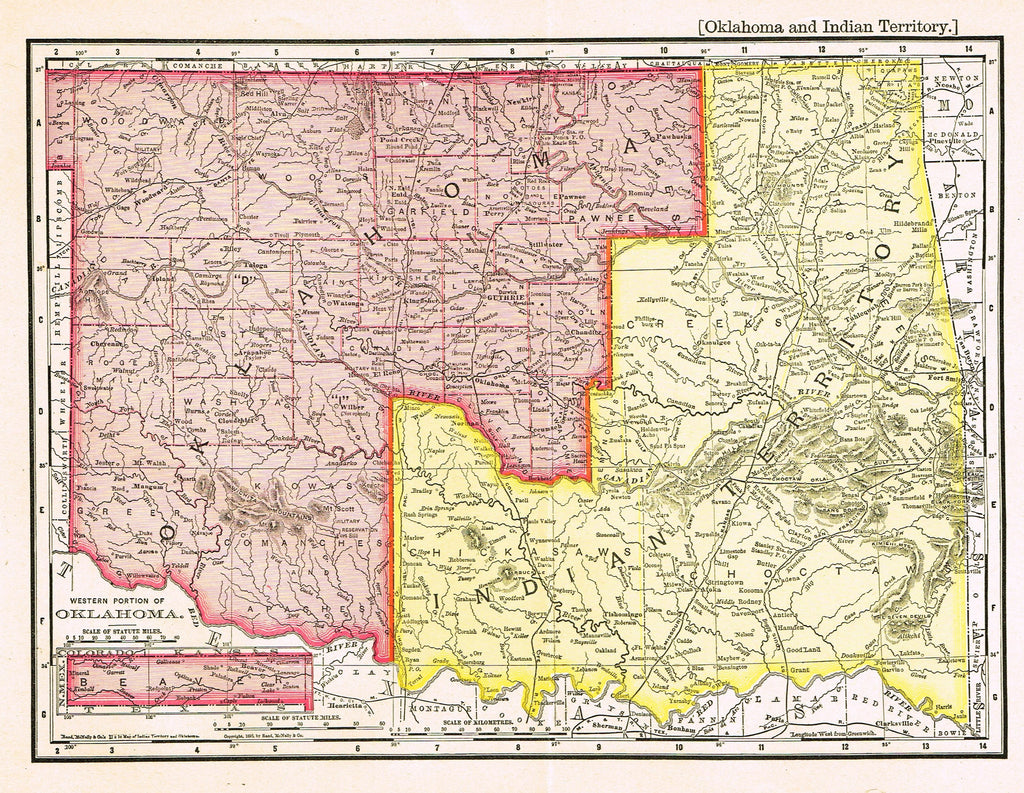 Rand-McNally's Atlas Map - "OKLAHOMA & INDIAN TERRITORY" - Chromo Lithograph - 1895