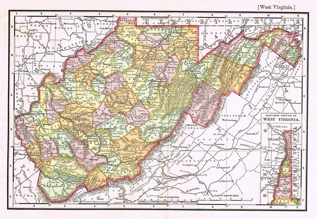 Rand-McNally's System Map - "WEST VIRGINIA" - Chromo Lithogrpah - 1895