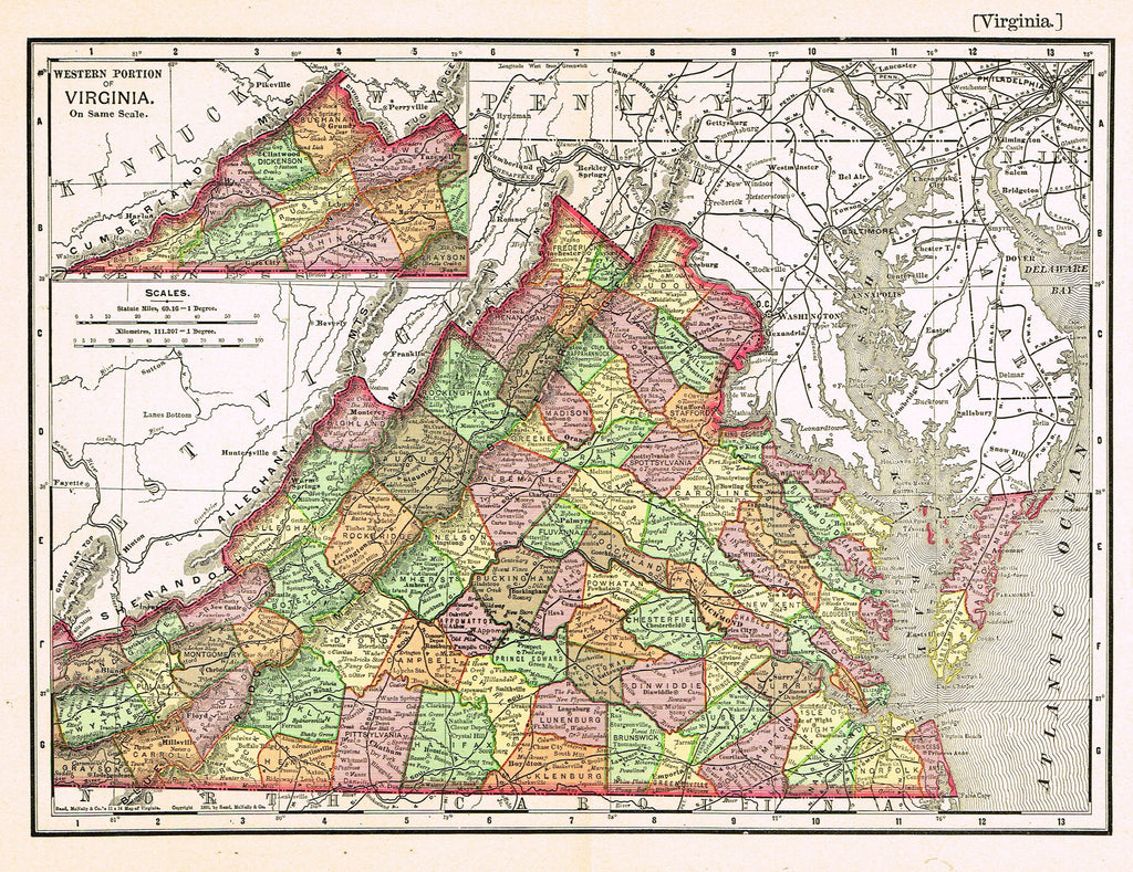 Rand-McNally's Atlas Map - "VIRGINIA" - Chromo Lithogrpah - 1895